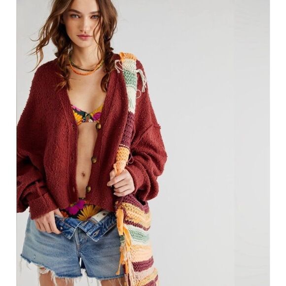 Free People Sweater Fall Friend Oversized Fuzzy Textured Boho Fall Winter Maroon - Picture 1 of 9